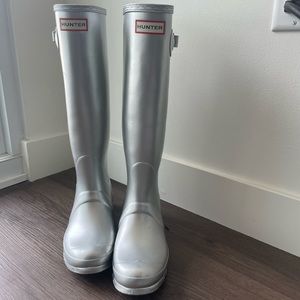 Hunter Original Cosmic Metallic Silver Glitter Rubber Waterproof Tall Boots Sz 8